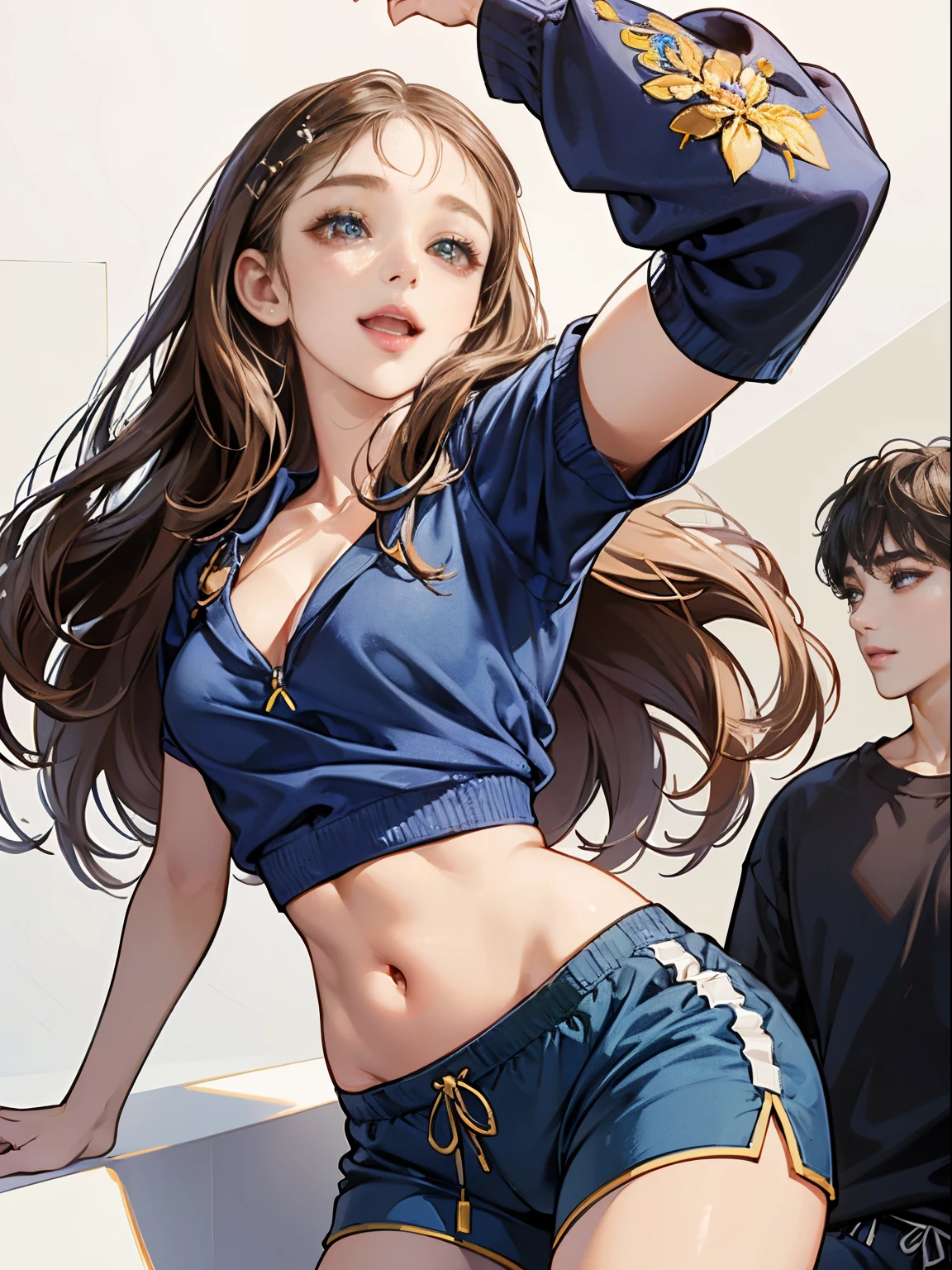 ((((top-quality))))、(((Ultra Precision CG16K Wallpapers)))、(((masterpiece)))、(((ultra-detailliert)))、(((Ultra-extreme details)))、1Man Woman、a matural female、a 25yo woman、((Korean Face))、((extremely beautiful face))、((K-pop idol、WONYOUNG:1.5))、((Straight semi-long hair:1.3))、(shinny hair)、Bangs up to the eyebrows、Beautiful brown hair、Beautiful delicate eyes、Brown eyes、raised eyebrows、lofty nose、small nostrils、Small mouth、seductive lips、slightly open mouth、Beautiful breasts、C-cup size breasts、cleavage of the breast、Plump body、perfectly proportions、perfect anatomia、perfect-composition、beautiful detailed shading、Beautiful natural lighting、Beautiful detail glow、depth of fields、(((a high chroma)))、(((realisitic:1.9)))、((Vivid:1.4))、((Beautiful skin))、((Skin texture))、((Realistic skin feeling))、(((Head-to-thigh shot:1.5)))、((Frontal angle:1.5))、((a smile:1.4))、(Eyes looking at me)、Bright sunshine、(((Stand in front of a white wall:1.5)))、(standing pose)、(((Navy blue sweatshirt clothes:1.6)))、(((Wearing dark blue shorts:1.6)))、