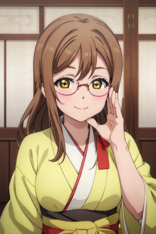(((pixel perfect, Detail Perfect))),Bad Hand，Well-formed five-finger，Sorry，Solo, 1girl in, Hanamaru Kunikida, bowtie, Looking at Viewer, Smile，eye glass，yellow kimono，Kimono，Furisode，temple