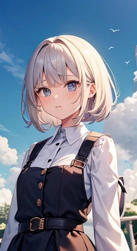 masutepiece, Best Quality,Illustration, Wallpaper, Ultra Detail, absurderes, 1loli、 Solo, (Medium short hair、short braided hair), Beautiful ultra-detailed eyes , Hair fluttering in the wind、(XD)、 Light hair color、Beautiful sky、(a panoramic view:1.5)