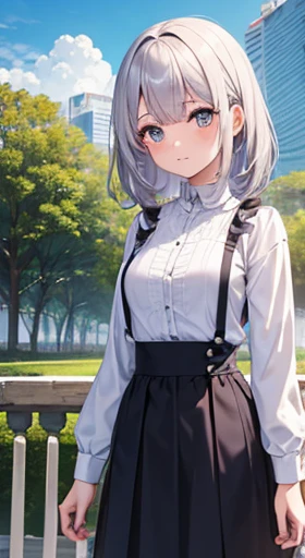 1 girl, Jogo CG, camisa branca, shoulders visible, Saia Curta, fita de cabelo de corda, seios gigantescos, cabelos azuis claros, mid hair, dois lados para cima, olhos azuis, parque, vapor, sorrir, fechar um olho,