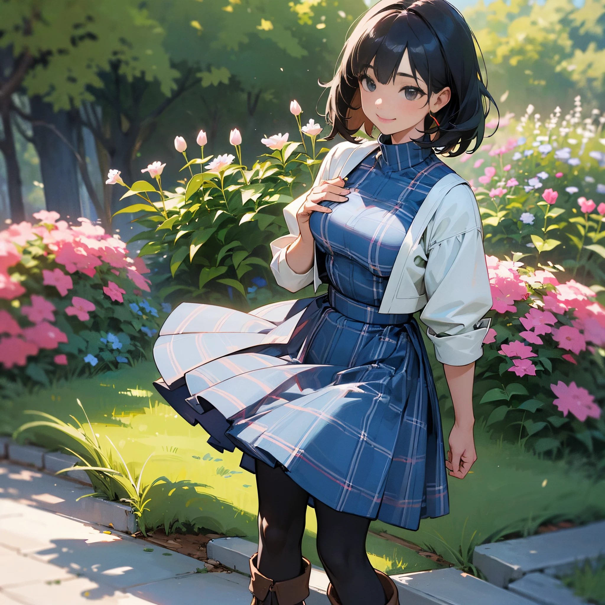 (High quality, High resolution, Ultra-detailed, Realistic:1.37), peaceful ambiance, (plein air, garden), girl standing alone, (My breasts are big.), Beautiful detailed features, Cute smile, (Black bob hair), Ribbed sweater, blue plaid skirt, Black tights, Brown boots.