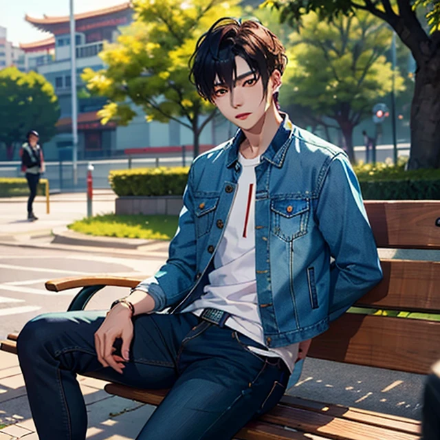 arafed young man in a denim jacket sitting on a bench, cai xukun, yanjun chengt, xintong chen, jinyoung shin, inspired by Kun Can, inspired by Zhang Han, ryan jia, mingchen shen, yihao ren, young wan angel, inspired by Bian Shoumin, bo chen, hyung tae, shinji, jia