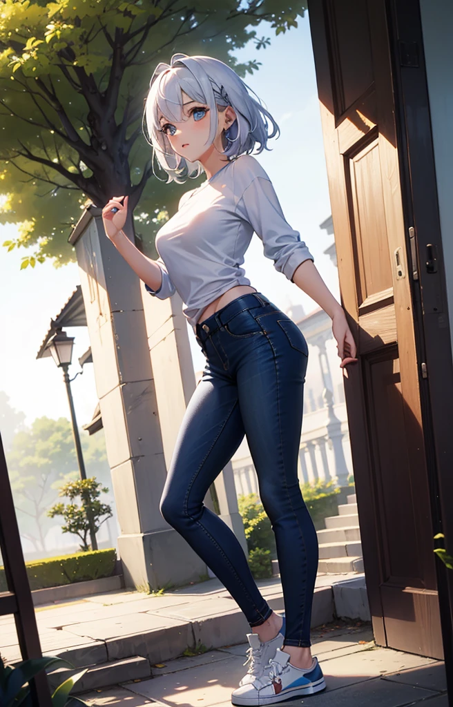 master part, extremery magnificent view, perspectiva, extremery melhor qualidade, CG detalhado da extremidade, Papel de parede 8K, high resolution, Rosto altamente detalhado, olhos altamente detalhados, anatomia perfeita, Pele super detalhada,
(Dynamic angle, dynamic pose:1.2), ao ar livre, parque, Tree and pond, (retrato, Foco nas pernas, corpo inteiro), (beautiful face, Olhos bonitos, beautiful legs:1.3),
1 girl, sozinho, (tampo preto, blue jeans:1.3), (skinny jeans:1.3), mangas compridas, medium breasts, cabelos loiros, cabelos longos, cabelos flutuantes, Cabelos lisos, testa aberta, (white sneakers:1.3), olhos azuis, (umbigo:0.8), magro, delgado, quadris largos, cintura fina