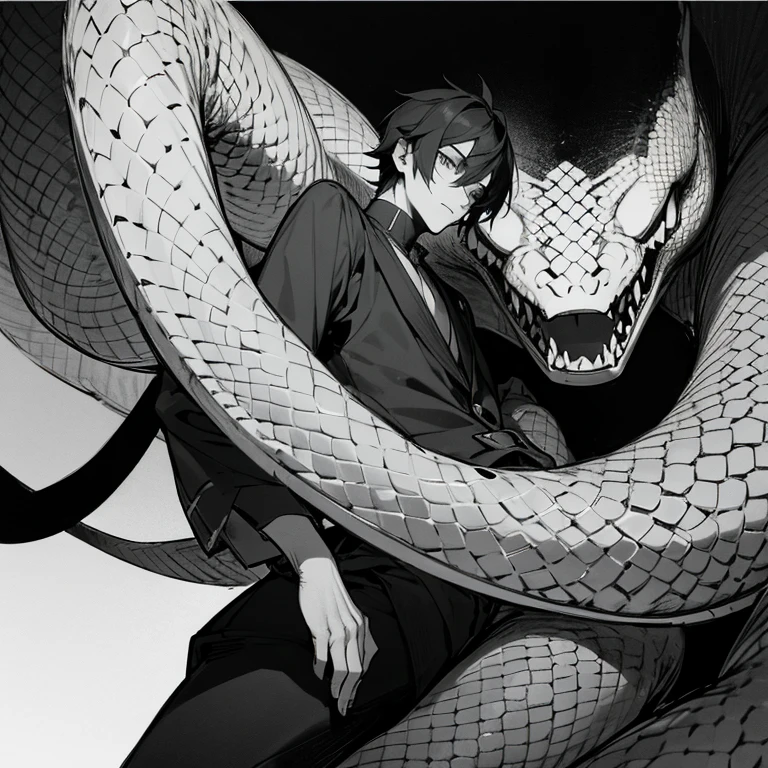 an image a drawing of a man whose lower body is a snake, 1boy, scales, male focus, solo, monochrome, greyscale, monster boy, cuspid, black hair