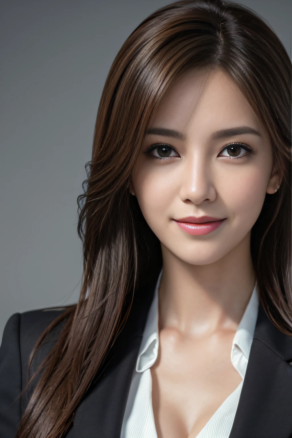masutepiece, Best Quality, Photorealistic, Ultra-detailed, finely detail, High resolution, 8K Wallpaper, 1 beautiful woman,, light brown messy hair, in a business suit, foco nítido, Perfect dynamic composition, Beautiful detailed eyes, detailed hairs, Detailed realistic skin texture, Smiling, Close-up portrait, Model body type