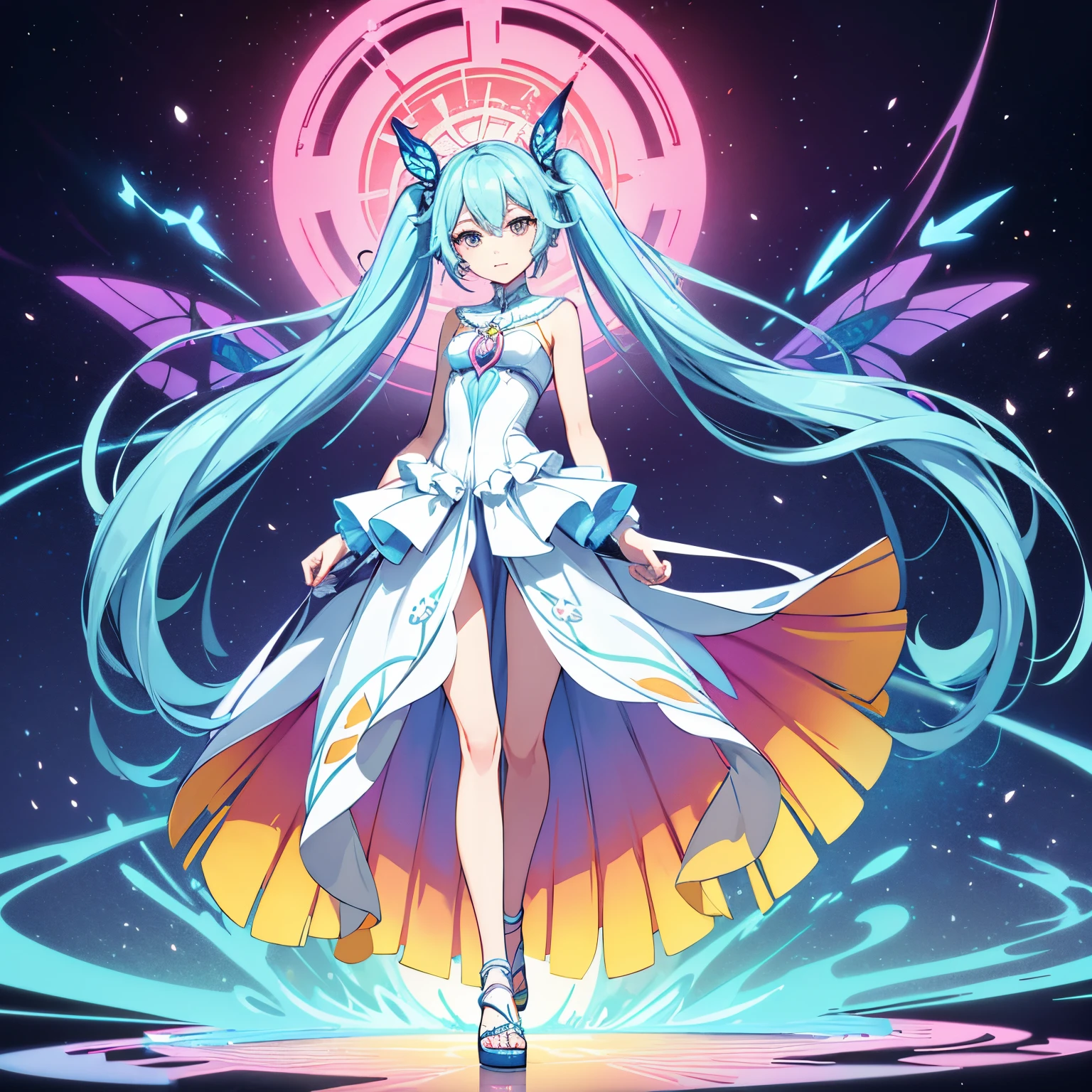 Front view of a full-body portrait, Negative Tarot White Background, Ultra detailed complex colorful rose graffiti silhouette vector background, Sunshine, Natural light, Very powerful front light, Masterpiece Top Quality Ultra Realistic Colorful Flat Color Pastel Mix 2.5D 1 Anime cute tall very skinny beautiful girl, with an intricate, Flat color, Flying, Fluffy, Symmetrical, Glamorous, Light blue long hair Twin tails white stockings, Colorful flat color symmetrical fairy wings, butterfly hair ornament, Flower hair ornament, sandal, Locket, Walking, Masterpiece Top Quality Ultra Detailed Colorful White Cotton Cocktail Long Dress, Blue seawater splashes in a circular motion at your feet, sunshine on face, headlight, Front light, Windy, album cover art, clean art, Colorful, Symmetrical, 2D vector art, 2D Illustration Art, Flat Color Art, 128K resolution, Glamorous, Digital Art, Digital Painting, Colorful ink illustration, Ultra-detailed sharp focus, Digital Illustration, Perfect composition, Vibrant, Golden ratio, Rose graffiti, Flat Color Art, digital watercolor painting,