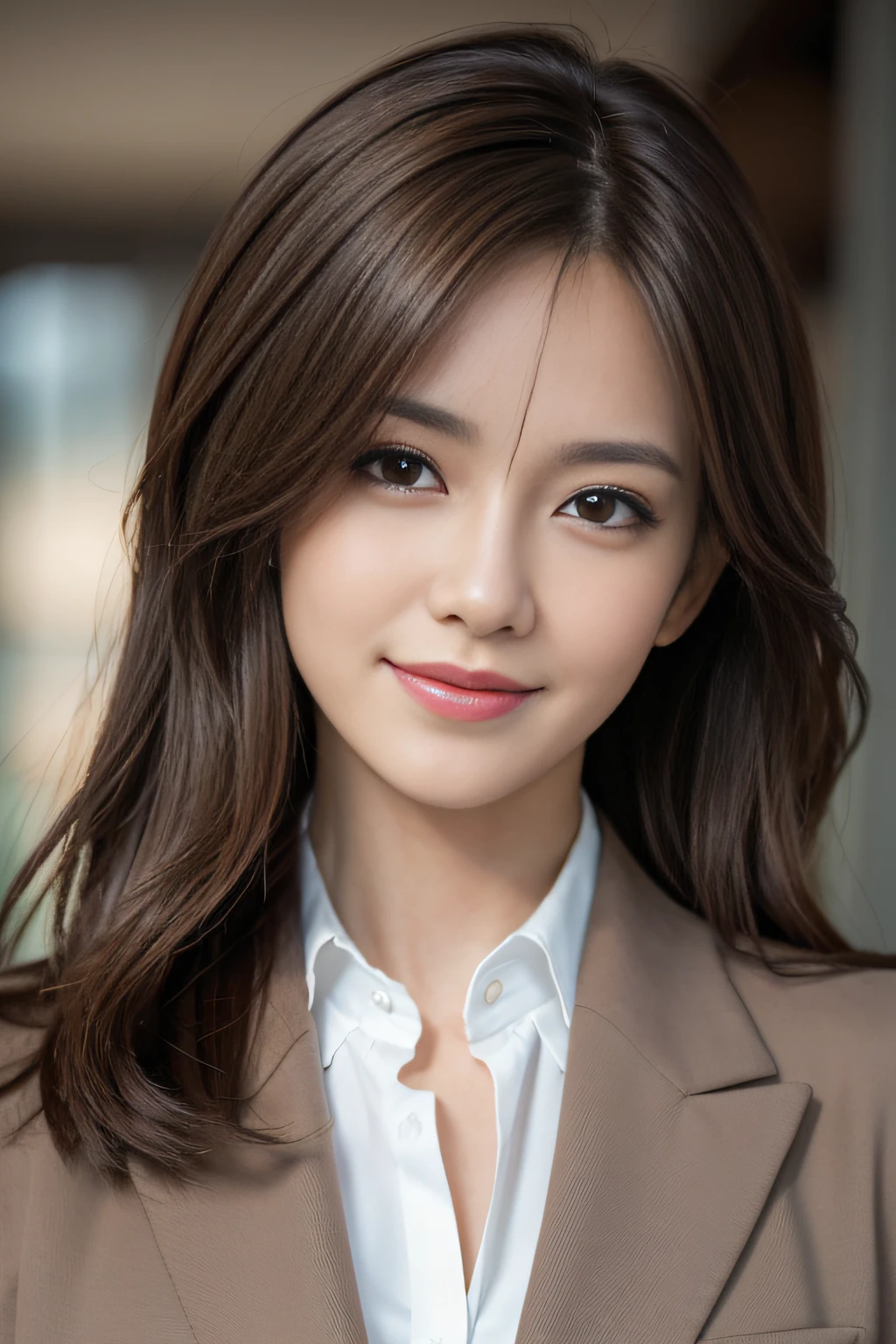 masutepiece, Best Quality, Photorealistic, Ultra-detailed, finely detail, High resolution, 8K Wallpaper, 1 beautiful woman,, light brown messy hair, in a business suit, foco nítido, Perfect dynamic composition, Beautiful detailed eyes, detailed hairs, Detailed realistic skin texture, Smiling, Close-up portrait, Model body type