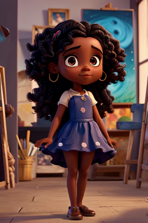 Capa de filme estilo Disney, uma menina preta com olhos castanhos, Dark skin and curly hair working painting pictures and an art studio in the background