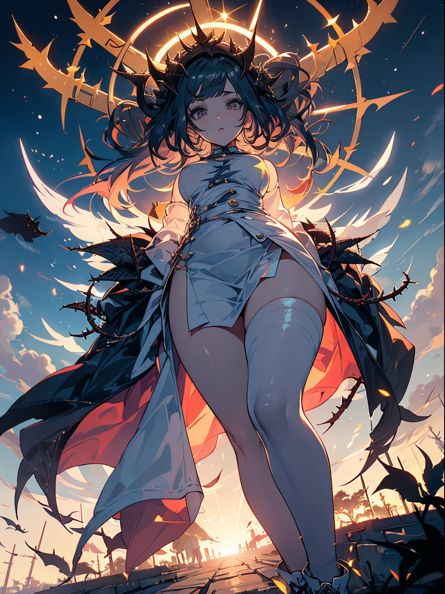 giant girl 50,000 feet high,Has a pair of huge devil wings,Has black waist-length hair,Loose hair,Wearing a pair of high heellack curly hair,A look of enjoyment,Standing tall in a small town crowded with people, destroying them wantonly,It seems like an invincible existence