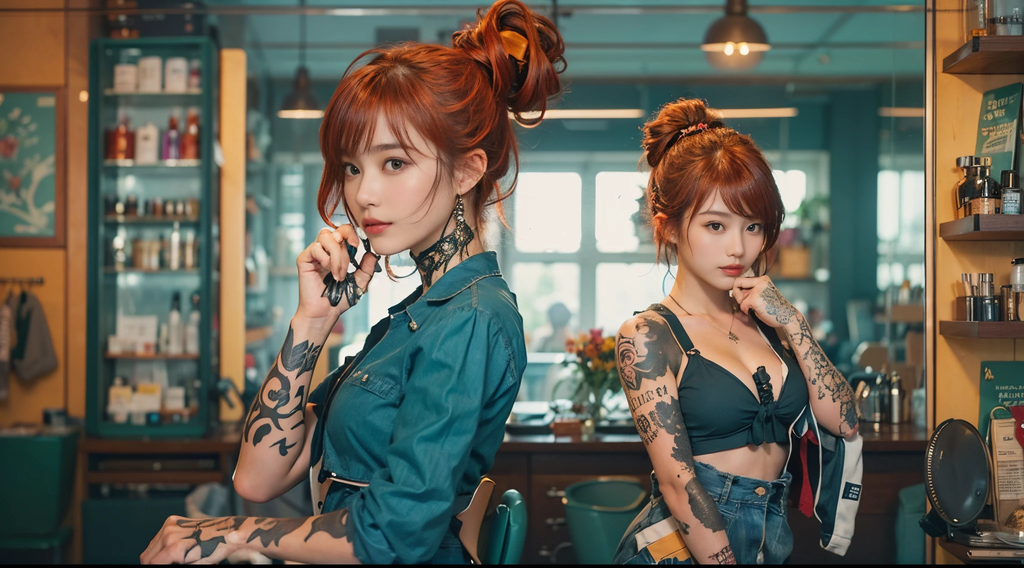 nsfw, A young, muscular female hairdresser with numerous tattoos and tanned skin, in various hairstyles and hair colors, showcasing a gyaru fashion style, in a realistic salon. In one image, she has vibrant red hair in a trendy updo style. In another, she sports deep blue hair in a sleek, straight style. Her sun-kissed, bronzed complexion remains consistent, as does her strong, tattooed physique. The salon is detailed, with stylish chairs and hair styling tools, reflecting her dynamic and fashionable personality in each different hairstyle and color.