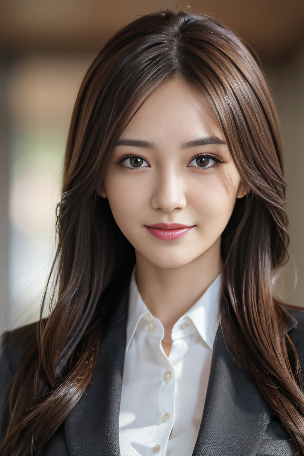 masutepiece, Best Quality, Photorealistic, Ultra-detailed, finely detail, High resolution, 8K Wallpaper, 1 beautiful woman,, light brown messy hair, in a business suit, foco nítido, Perfect dynamic composition, Beautiful detailed eyes, detailed hairs, Detailed realistic skin texture, Smiling, Close-up portrait, Model body type