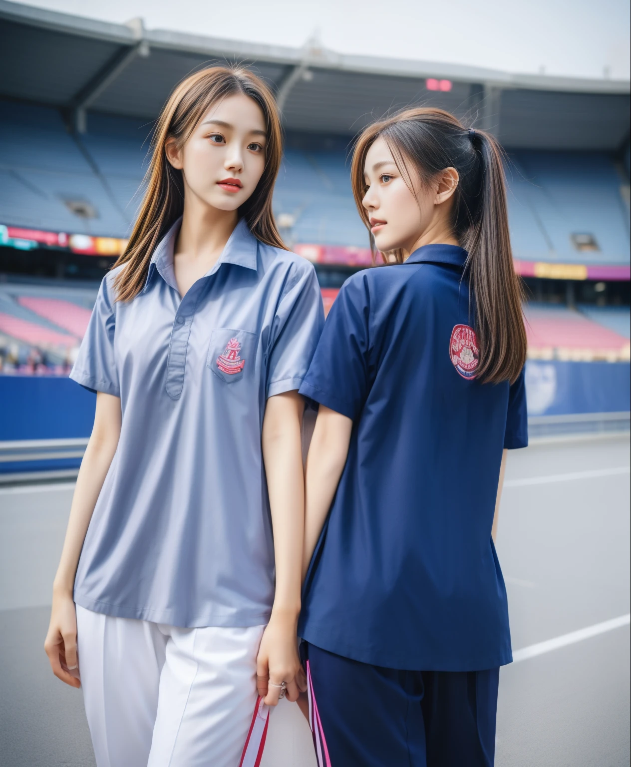 (bestquality,10,10,highres,masterpiece:1.2),ultra-detail,(Realistic,photorealistic portrait,photo-realistic:1.37),1 Cute girl in the football field,oily shiny skin,bara,light smile,BDclothelue shirt:1.3)),short sleeves,shirt, trousers.,(navy_long_Pants Track:1.1), ((Stadium Background:1.3)),dynamic angle,excited,face focus,Dynamic Poses,from behide,Ass Focus,masterpiece, bestquality, ultra realistic, hyper-detail, 8k resolution, RAW photo, crisp focus, ((Navy blue shirt:1.1)), short sleeves, Long Path, Perfect body, 2 mature women, 18yo, cinematic light,Blue sweatpants,Gymware,Correct anatomy,Complete body, Correct body, sharp face, Anatomically correct body, full entire body, Realistic gestures, long-haired, Realistic poses,Wear long shorts...................................,Long leg span,Shapely,Sculpting Girl, Slender Figure, mannequin mannequins, Shapely, Beautiful body,Blue sweatpants, Two girls kissing