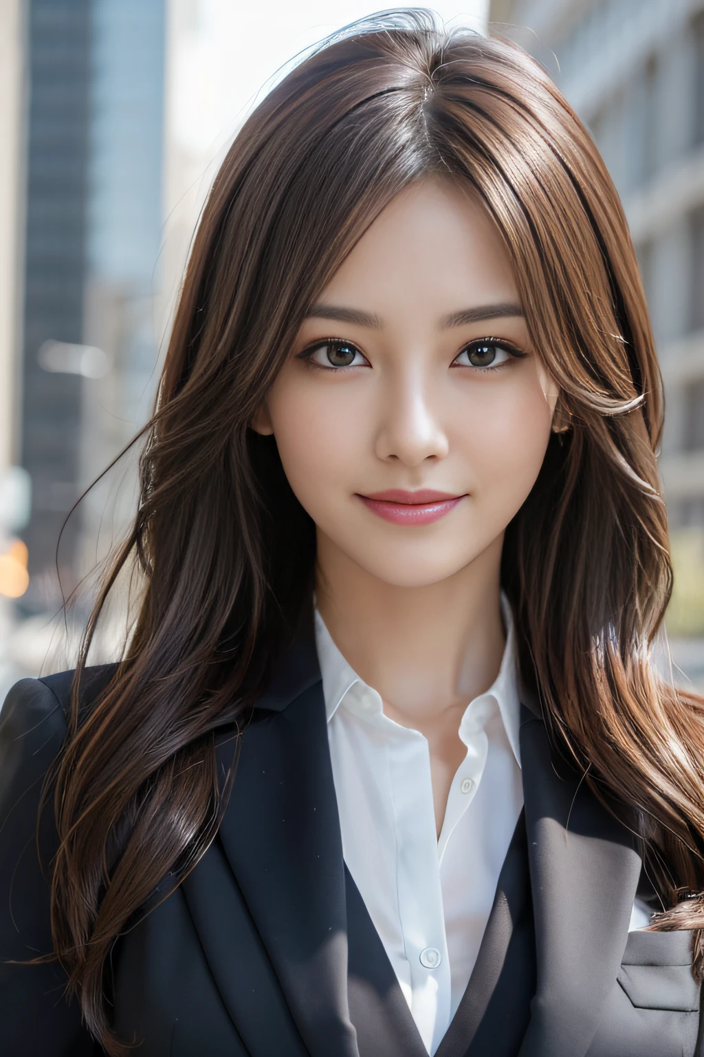 masutepiece, Best Quality, Photorealistic, Ultra-detailed, finely detail, High resolution, 8K Wallpaper, 1 beautiful woman,, light brown messy hair, in a business suit, foco nítido, Perfect dynamic composition, Beautiful detailed eyes, detailed hairs, Detailed realistic skin texture, Smiling, Close-up portrait, Model body type