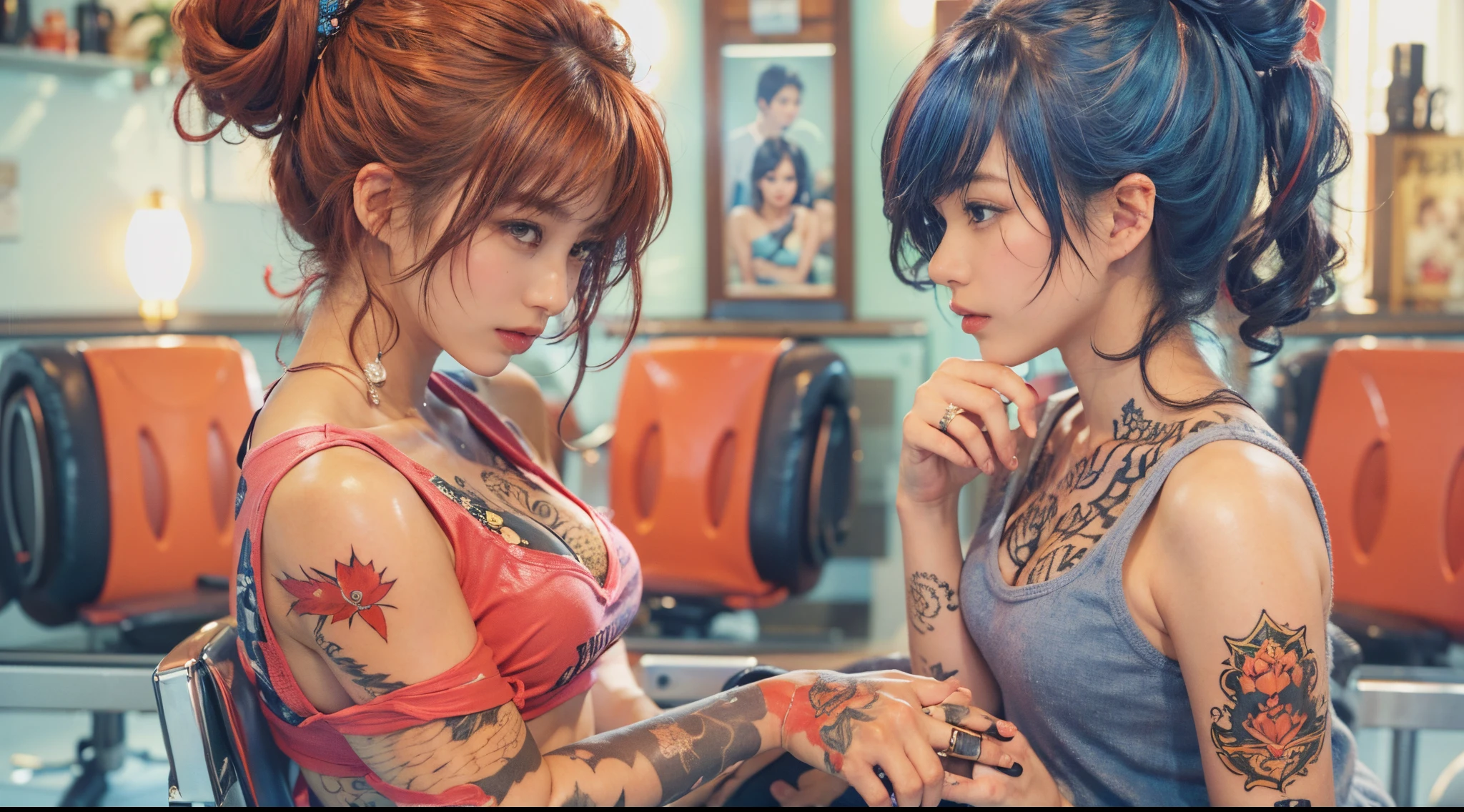 nsfw, A young, muscular female hairdresser with numerous tattoos and tanned skin, in various hairstyles and hair colors, showcasing a gyaru fashion style, in a realistic salon. In one image, she has vibrant red hair in a trendy updo style. In another, she sports deep blue hair in a sleek, straight style. Her sun-kissed, bronzed complexion remains consistent, as does her strong, tattooed physique. The salon is detailed, with stylish chairs and hair styling tools, reflecting her dynamic and fashionable personality in each different hairstyle and color.