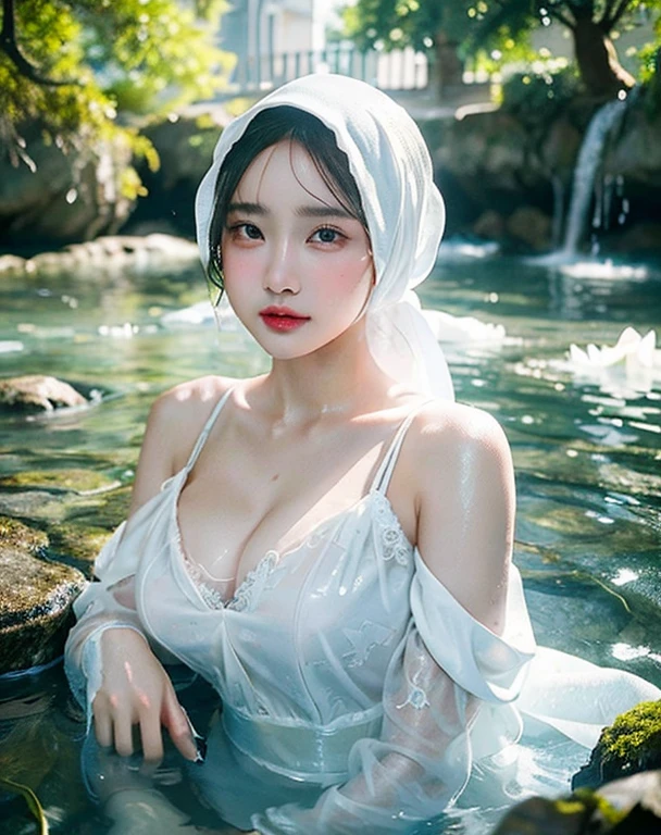 Malay woman wearing Square Neck Bow Front Floral Jacquard Dress and hijab  sitting in the water, long sleeves,big , closeup fantasy with water magic, beautiful maiden, wearing a dress made of water, cleavage, realistic oil painting, dripping wet, in water up to her shoulders, blonde, beautiful realistic painting, nymph in the water, hyperrealist portrait in a river, hyperrealistic fantasy art, splashing, realistic fantasy painting, cute shot, narrow depth of field, 8k, , drenched, ((soaked)), dripping water, dripping water, heavy clothes, soaked in water, wet all over, rouge lipstick, wet dripping hijab,