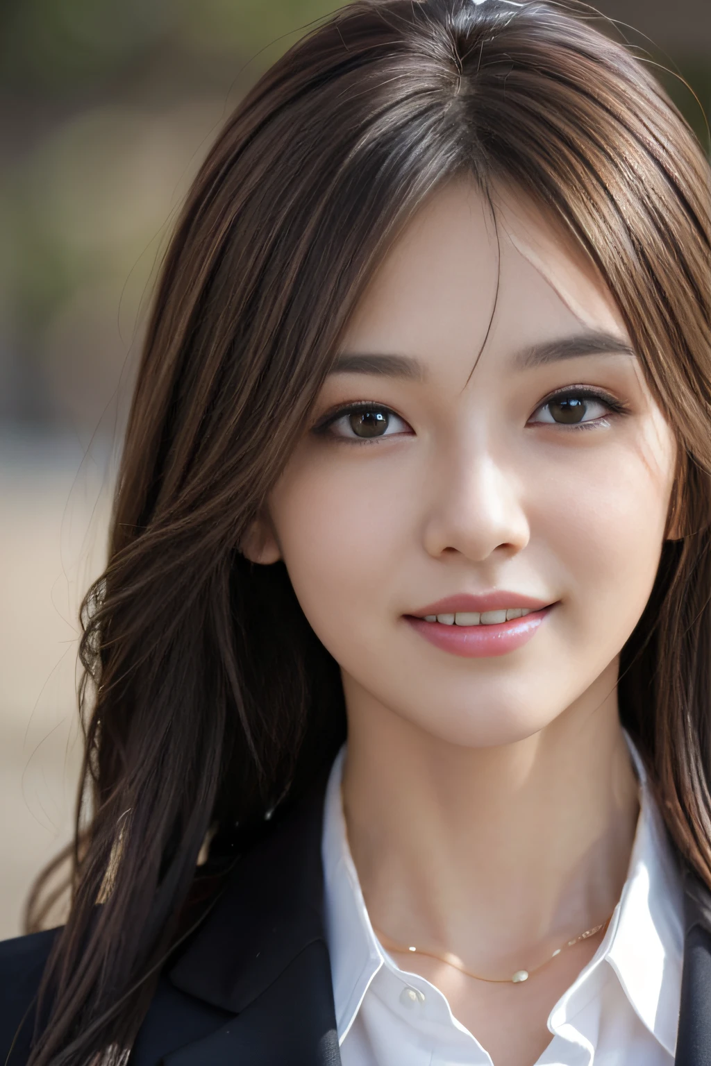 masutepiece, Best Quality, Photorealistic, Ultra-detailed, finely detail, High resolution, 8K Wallpaper, 1 beautiful woman,, light brown messy hair, in a business suit, foco nítido, Perfect dynamic composition, Beautiful detailed eyes, detailed hairs, Detailed realistic skin texture, Smiling, Close-up portrait, Model body type