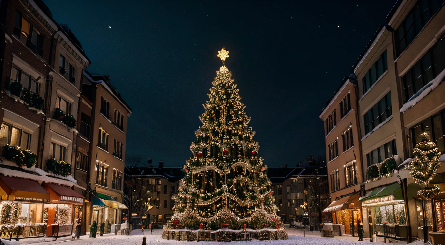 vibrant atmosphere, detailed Christmas tree in the city, Vivid colors, True Exposure, High image quality, holiday theme, Holiday Lights, snowscape, joyful cityscape, magical winter landscape
