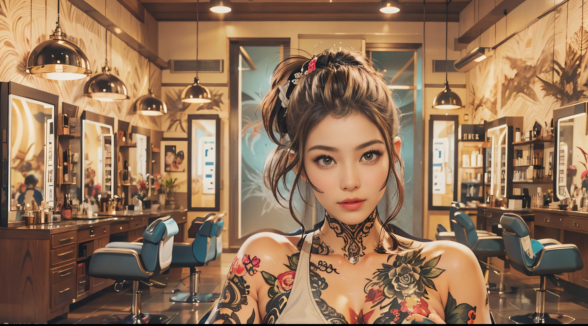 nsfw, A charismatic female hairstylist, muscular with many tattoos, working in a luxurious salon. She has a deep tan, typical of a gyaru style, and is intensely focusing on her work while holding scissors. The image should include detailed depictions of the salon environment, hairstyling tools, and accessories. The stylist's expression is serious and dedicated, capturing her commitment to her craft. The full body of the stylist should be shown in the image.