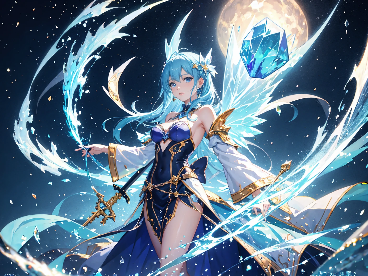 1 girl , short hair,  light blue hair, princess of ice outfit, ice, thighs, glowing, sidelighting, wallpapers