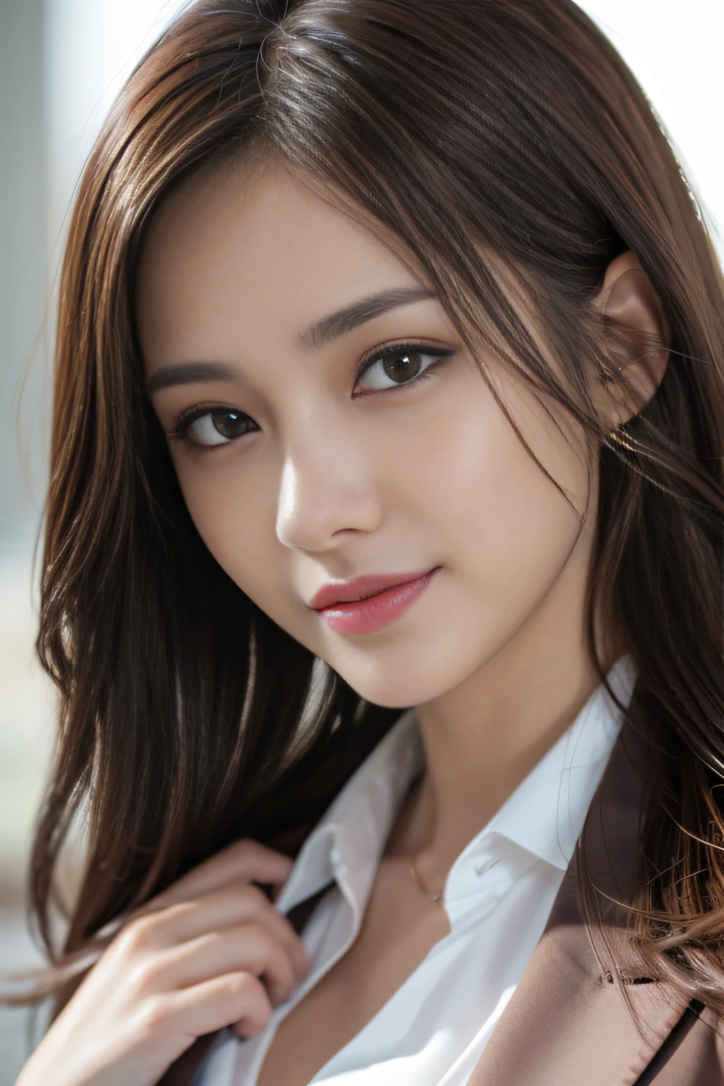 masutepiece, Best Quality, Photorealistic, Ultra-detailed, finely detail, High resolution, 8K Wallpaper, 1 beautiful woman,, light brown messy hair, in a business suit, foco nítido, Perfect dynamic composition, Beautiful detailed eyes, detailed hairs, Detailed realistic skin texture, Smiling, Close-up portrait, Model body type