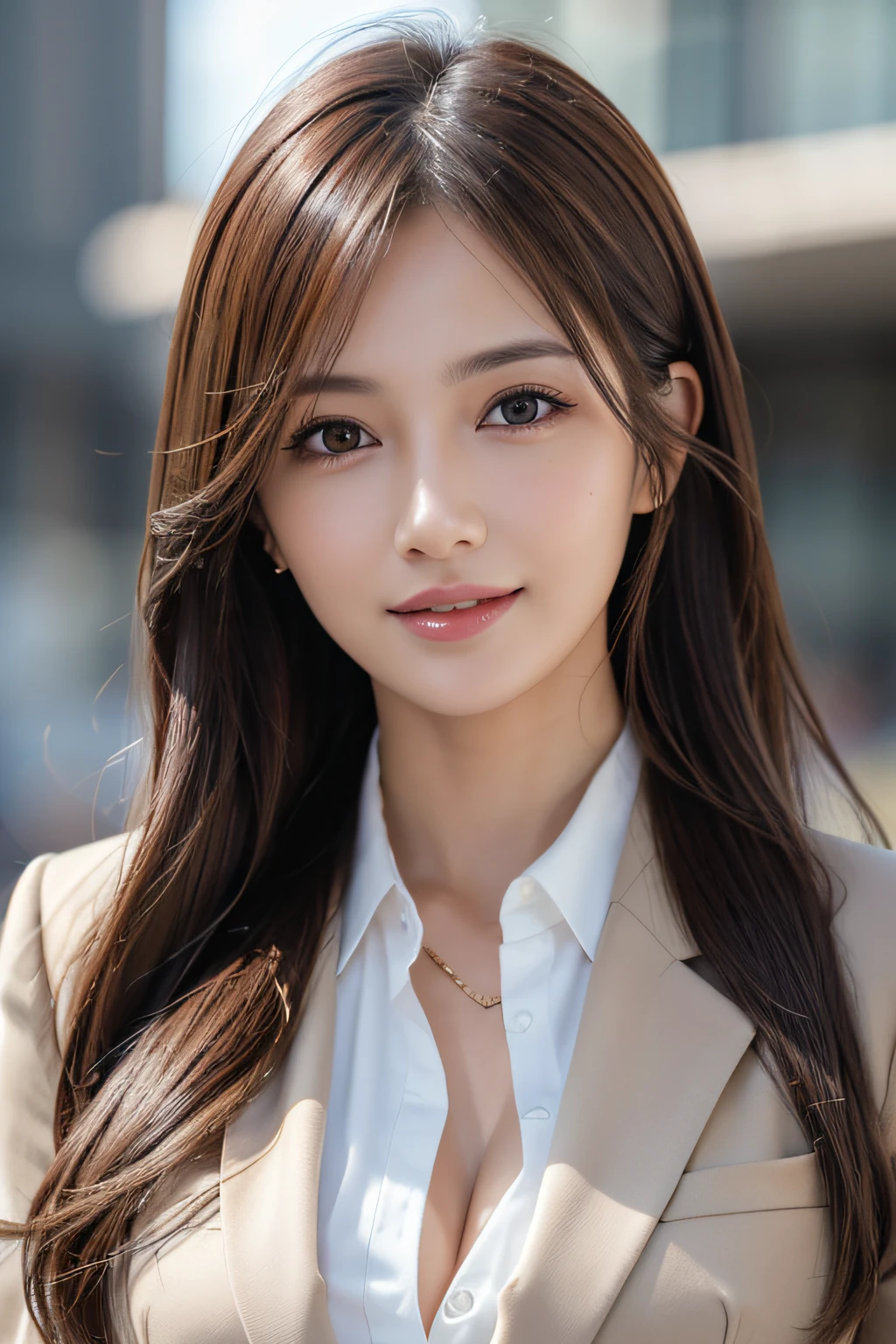 masutepiece, Best Quality, Photorealistic, Ultra-detailed, finely detail, High resolution, 8K Wallpaper, 1 beautiful woman,, light brown messy hair, in a business suit, foco nítido, Perfect dynamic composition, Beautiful detailed eyes, detailed hairs, Detailed realistic skin texture, Smiling, Close-up portrait, Model body type