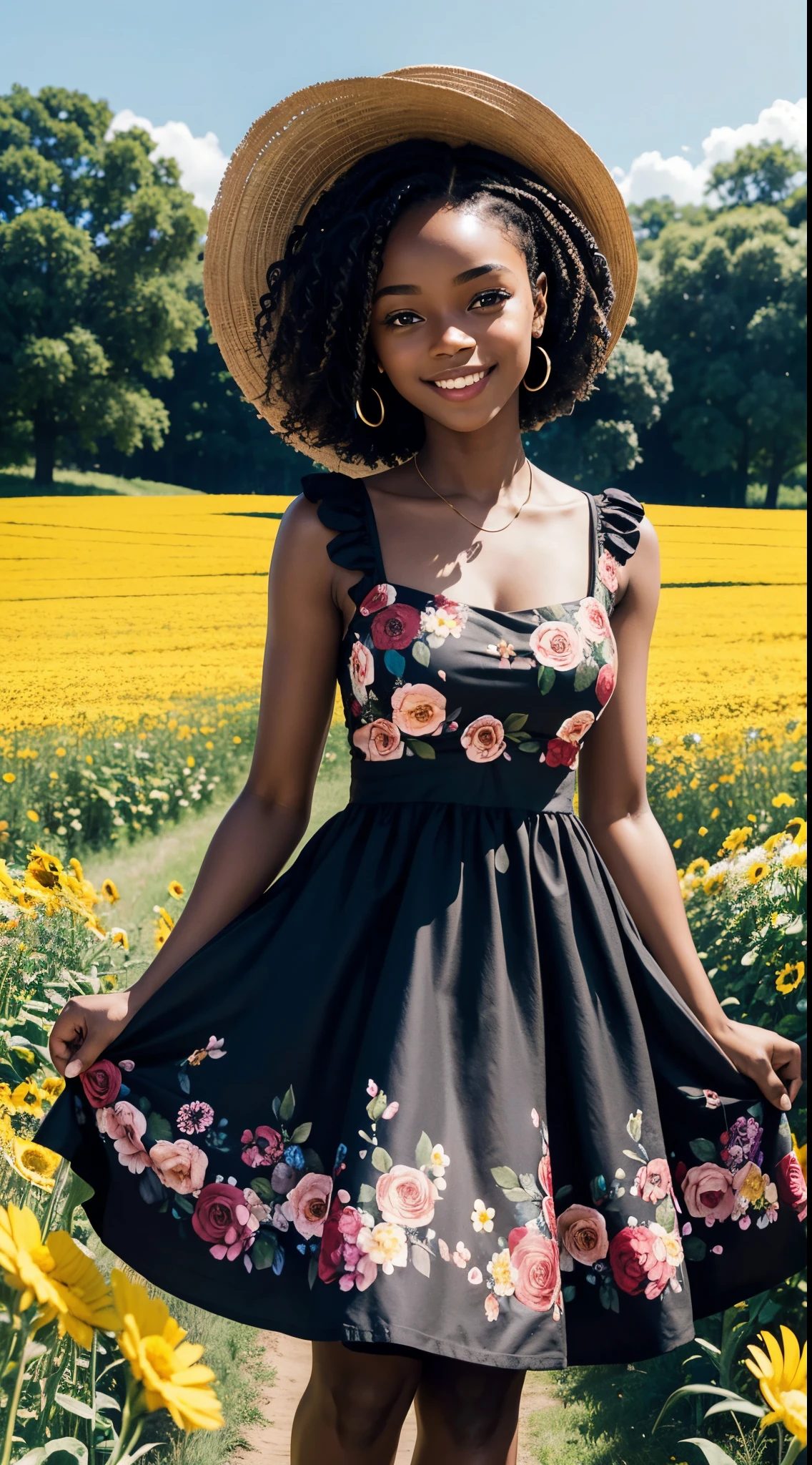 an extremely beautiful black girl, with intrinsic details, totally out of the ordinary, with a beautiful smile, wearing a beautiful flower dress, in a flower field, alone, on a sunny summer day, ((always repeat the same face))