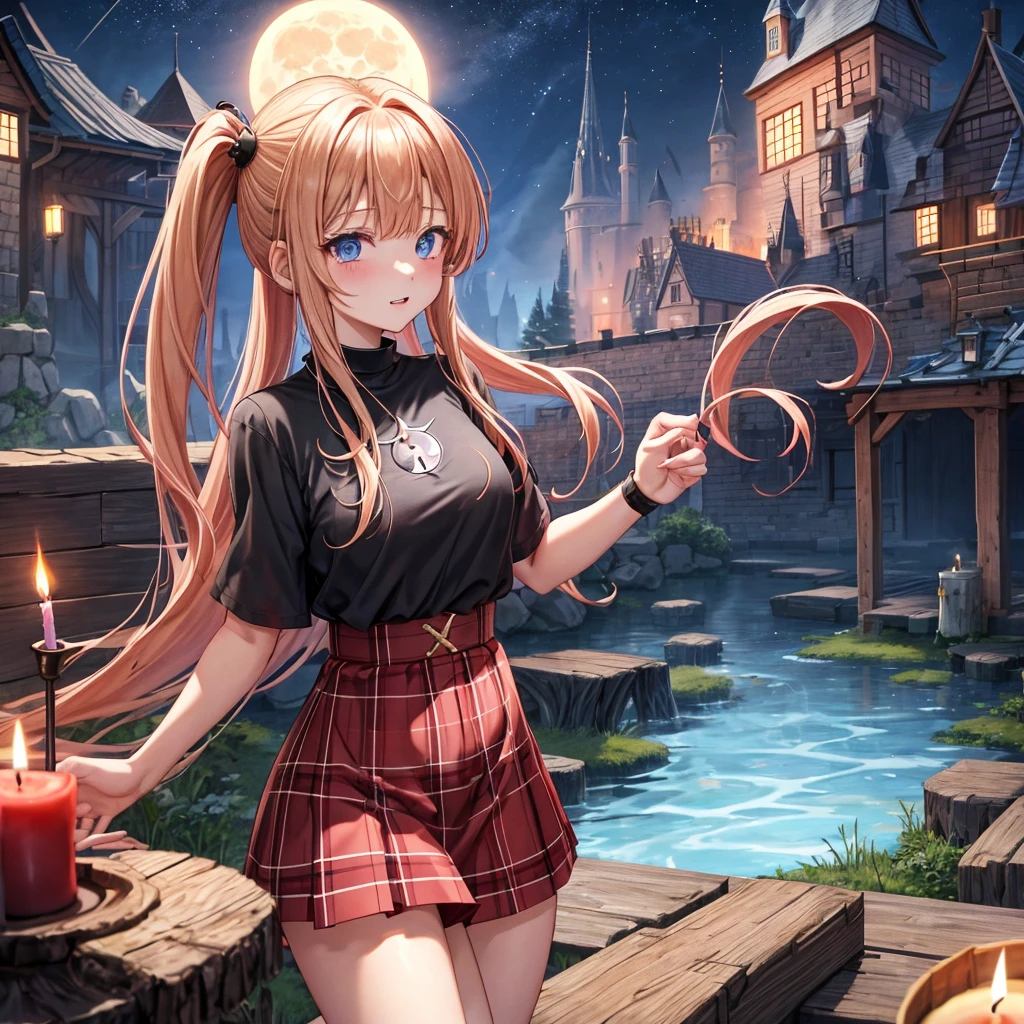 Red-blonde、poneyTail、blue eyess、one good looking girl、独奏、animesque、lightly dressed、Plaid miniskirt、wetting hair、Black T-shirt、rotting wood、fullmoon、monster castle、candle fire、Meteor swarm、gunpowder、starrysky