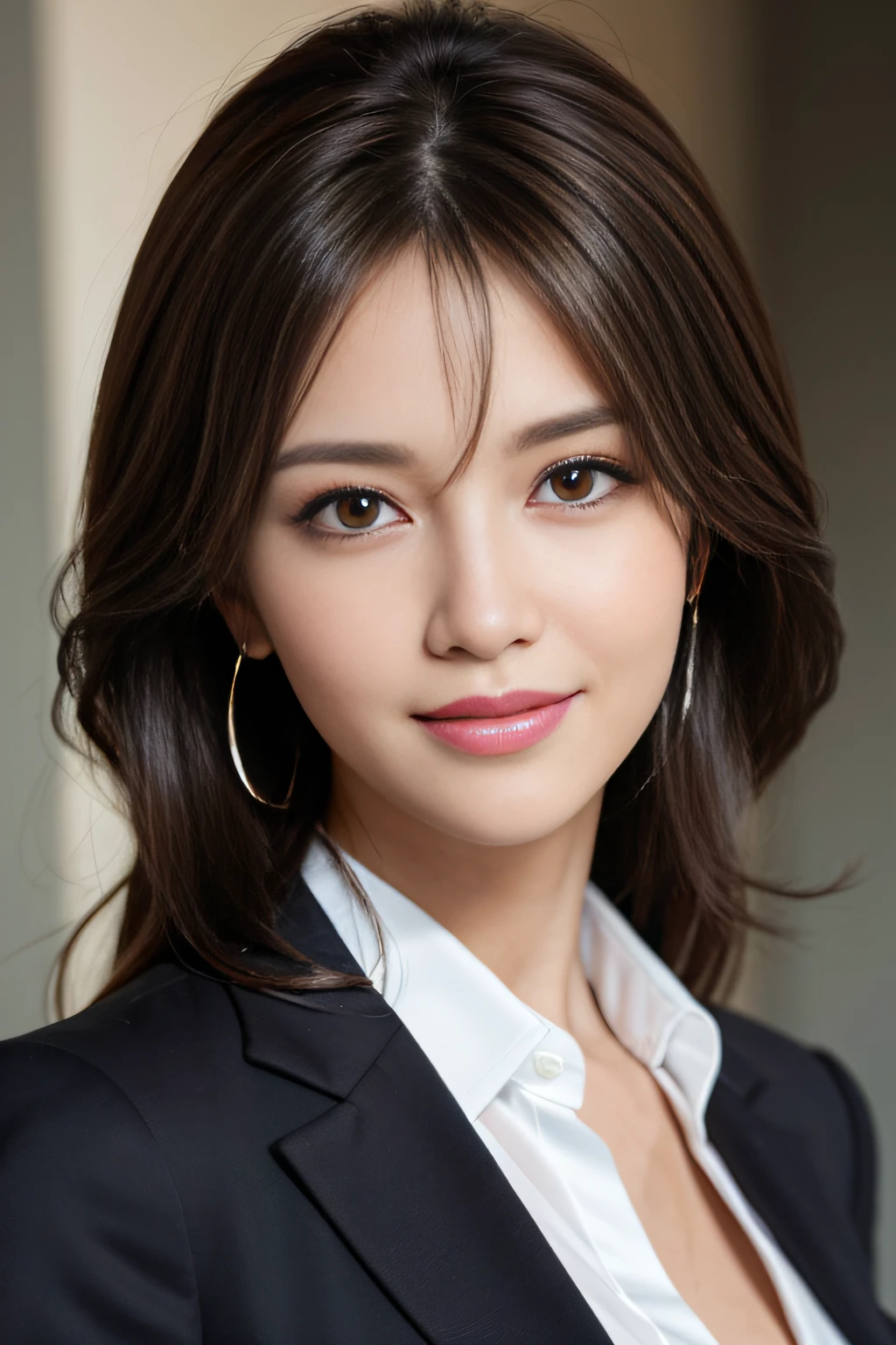 masutepiece, Best Quality, Photorealistic, Ultra-detailed, finely detail, High resolution, 8K Wallpaper, 1 beautiful woman,, light brown messy hair, in a business suit, foco nítido, Perfect dynamic composition, Beautiful detailed eyes, detailed hairs, Detailed realistic skin texture, Smiling, Close-up portrait, Model body type
