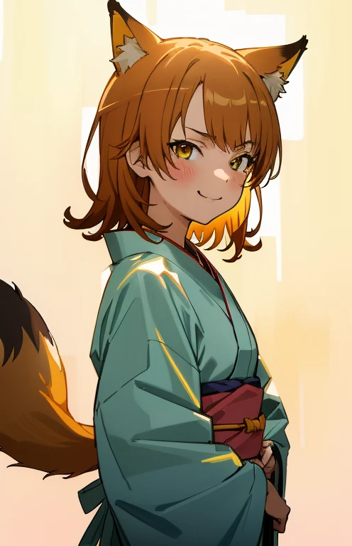 masutepiece, High quality, Best Quality, High resolution, 4K, High Definition, Beautiful lighting, Highly detailed face, well-drawn hands, well-drawn legs, well-drawn feet, (((well-drawn eyes))),1girl in, iroha, Brown hair, Short hair, yellow kimono，Kimono，Furisode， Standing , a small face, smirking, From Side, Upper body only, The morning sun brightens everything,Looking at the viewer,camera sunlight, close up of face, face in photo，shrines，-so，Fox ears，Foxtail