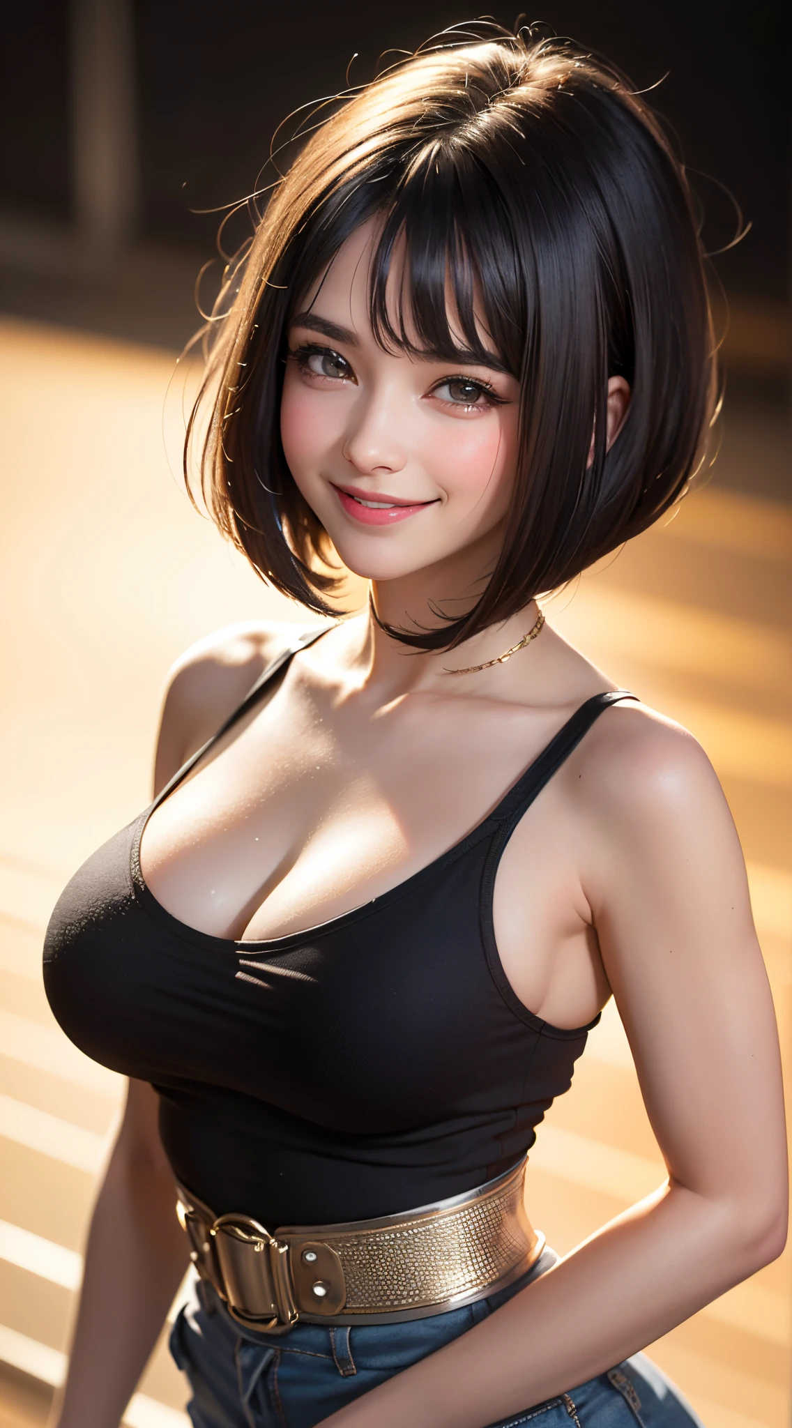 (UHD, retina, masterpiece, ccurate, anatomically correct, textured skin, super detail, high details, high quality, best quality, highres, 1080P, HD, 4K, 8k, 16k), (beautiful detailed eyes, beautiful detailed lips, extremely detailed eyes and face), studio lighting, physically-based rendering, vivid colors, (large breasts, waist, glamorous body:1.5), (tank top), (portrait, shiny hair, shiny skin), (bokeh), (from above:1.1), (bob cut, smile and laugh, blush:1.5), eye reflection, jet black hair, pink lips,
