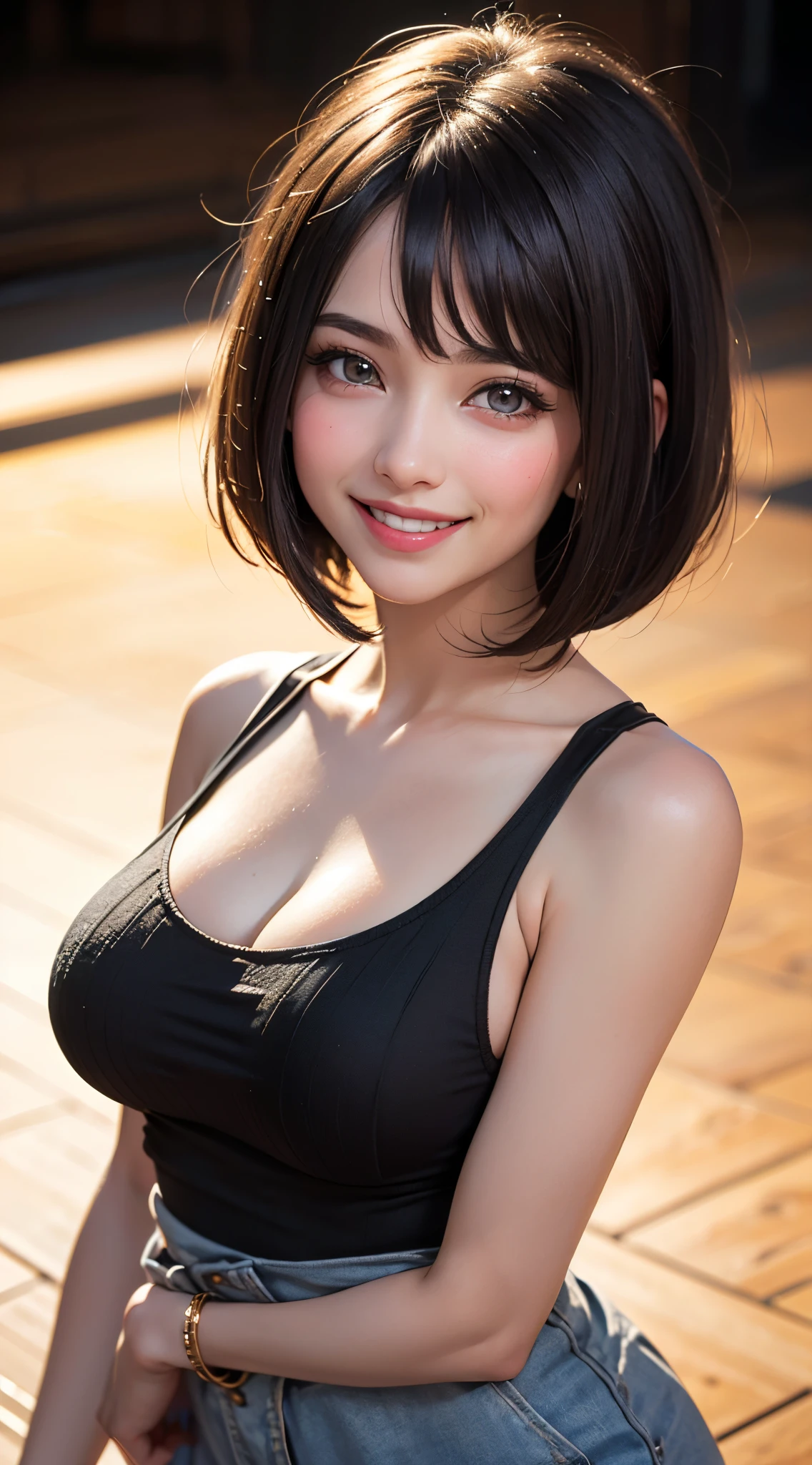 (UHD, retina, masterpiece, ccurate, anatomically correct, textured skin, super detail, high details, high quality, best quality, highres, 1080P, HD, 4K, 8k, 16k), (beautiful detailed eyes, beautiful detailed lips, extremely detailed eyes and face), studio lighting, physically-based rendering, vivid colors, (large breasts, waist, glamorous body:1.5), (tank top), (portrait, shiny hair, shiny skin), (bokeh), (from above:1.1), (bob cut, smile and laugh, blush:1.5), eye reflection, jet black hair, pink lips,
