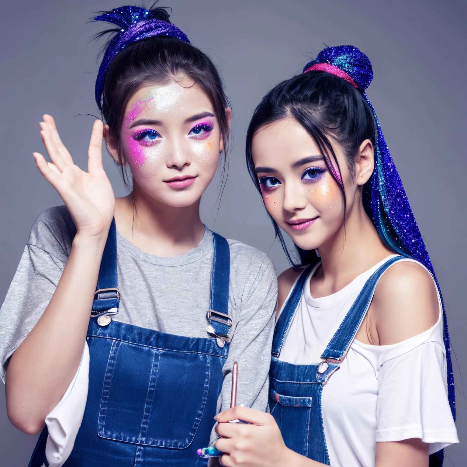 Two girls with glitter on their faces, one hand on their face, one with her hair tied up and the other with her hair down, holding something like a wizard in one hand. My clothes are overalls