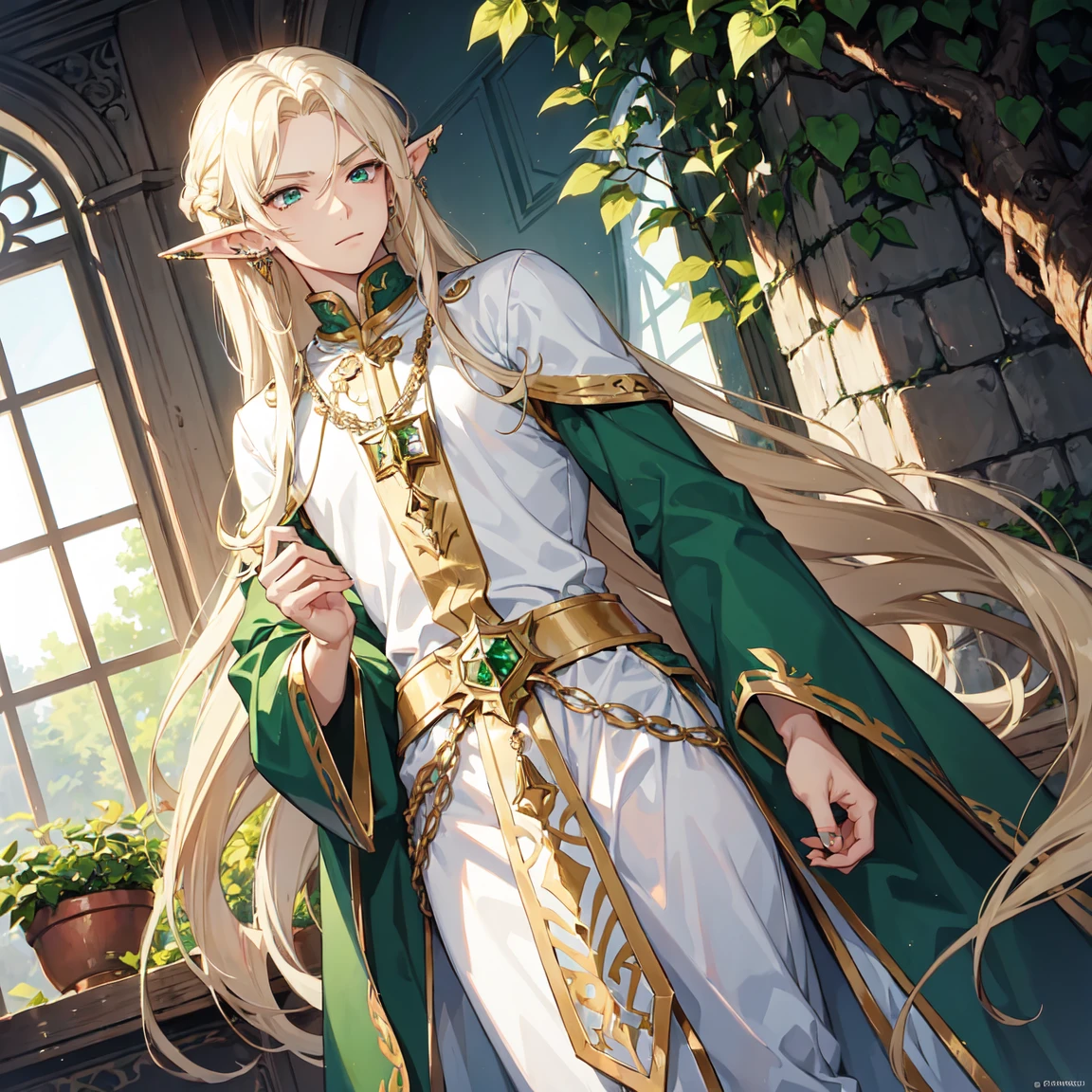 1 boy,long blond hair,handsome,lean,muscular,elf ears,piercings,emerald eyes,wearing a regal white and green royal garments,daytime,gardens