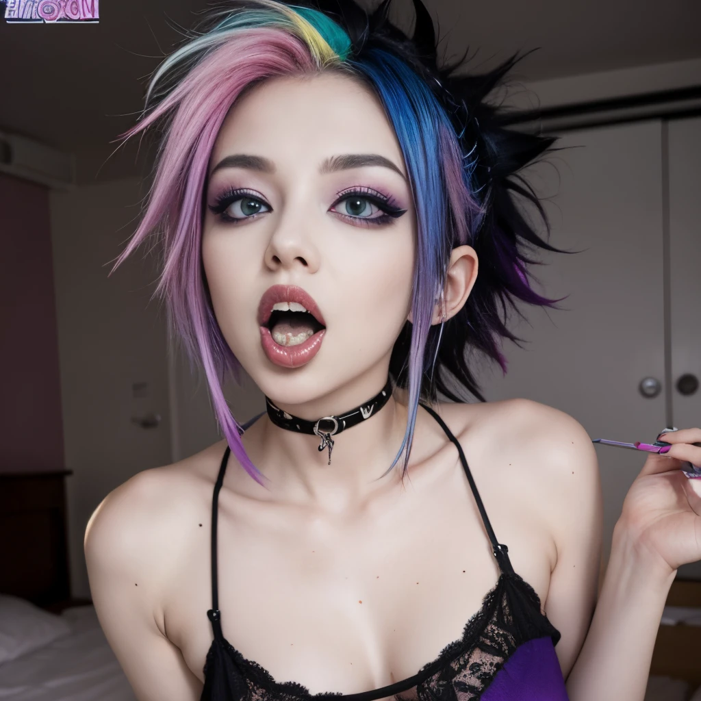 beauty -yeld-gi (Masterpiece, Excellent, 1girl 15-year-o, s fulldy,  complex details, chromatic aberration), realism, off-the-shoulder, small breasts, sexy, Yae Miko, long purple hair, blue headdress, red highlight, hair above one eye, green eyes, earrings, sharp eyes, perfectly symmetrical figure, choker, open jacket, turtleneck sweater, against the wall, brick wall, graffiti, dim lighting, alley, looking at the audience, ((mean, seductive, charming))