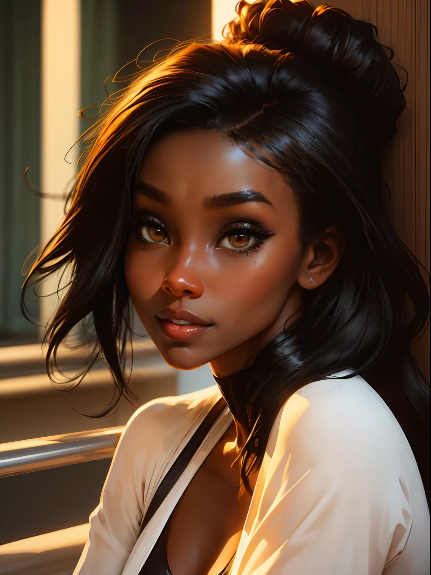 Dark-skin Gorgeous black woman with cinnamon skin , bright colors, vivid, intricate,Ultra HD picture quality masterpiece, wlop, Stanley Artgerm character design, watercolor art, "(best quality,ultra-detailed),Dark Ebony skin,Ebony skinned female:1.1,beautiful detailed brown eyes, beautiful detailed lips, long jet black hair, African art, chocolate skin color, dark skin, dark skinned, ebony nose, matte illustration