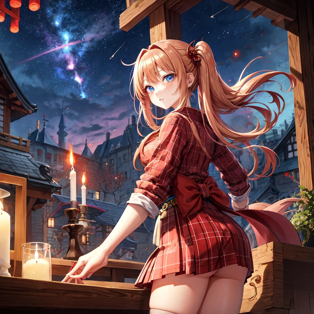 Red-blonde、poneyTail、blue eyess、one good looking girl、独奏、animesque、Plaid miniskirt、wetting hair、kimono、rotting wood、crescent、monster castle、candle fire、Meteor swarm、gunpowder、starrysky