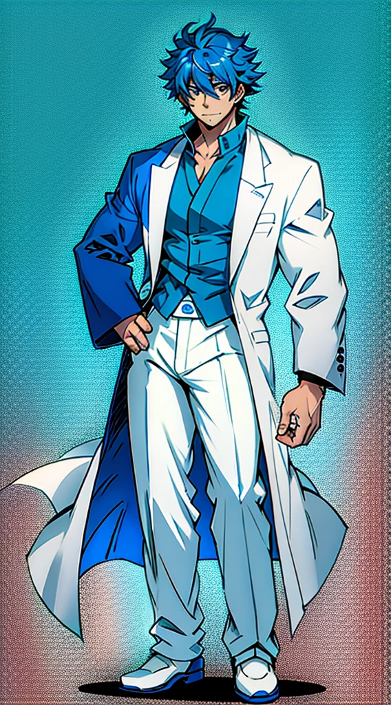 a man in a white suit and hat, okabe rintarou, single character full body, tall guy with blue glass, curly hair