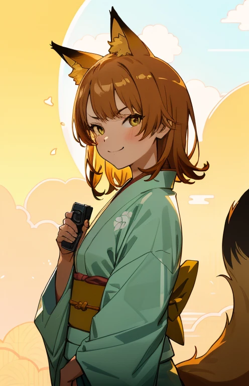 masutepiece, High quality, Best Quality, High resolution, 4K, High Definition, Beautiful lighting, Highly detailed face, well-drawn hands, well-drawn legs, well-drawn feet, (((well-drawn eyes))),1girl in, iroha, Brown hair, Short hair, yellow kimono，Kimono，Furisode， Standing , a small face, smirking, From Side, Upper body only, The morning sun brightens everything,Looking at the viewer,camera sunlight, close up of face, face in photo，shrines，-So，fox ears tail，No human ear