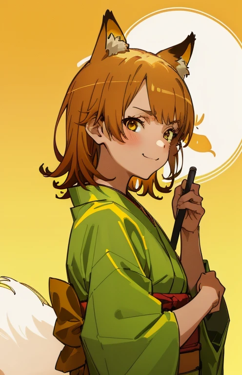 masutepiece, High quality, Best Quality, High resolution, 4K, High Definition, Beautiful lighting, Highly detailed face, well-drawn hands, well-drawn legs, well-drawn feet, (((well-drawn eyes))),1girl in, iroha, Brown hair, Short hair, yellow kimono，Kimono，Furisode， Standing , a small face, smirking, From Side, Upper body only, The morning sun brightens everything,Looking at the viewer,camera sunlight, close up of face, face in photo，shrines，-So，fox ears tail，No human ear