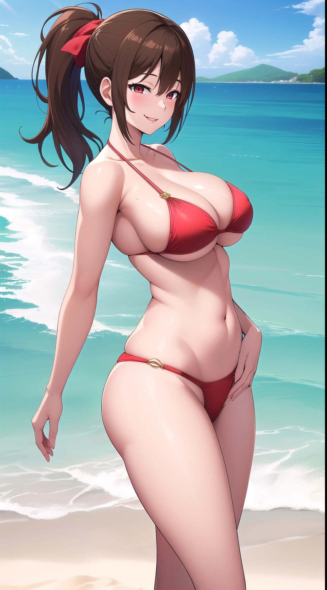 (best quality:1.5, highres, UHD, 4K, detailed lighting, shaders, perfect hand anatomy), brown long ponytail, gyaru, smiling, large breasts, thighs, crotch, red bikini, standing, side view, sexy, erotic, lewd, seductive, ecchi, beach background