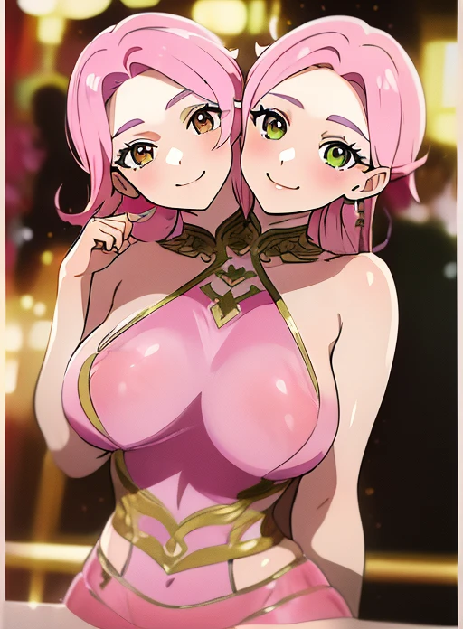 (best quality), (high quality), (detailed), (masterpiece), good artist, 1girl, (2heads:1.5), 1girl, smiling, brown eyes, beautiful eyes, pink outfit, pink hair, green eyes, large breasts