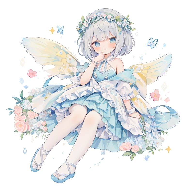 1girl in、(PastelColors:1.3)、(Cute illustration:1.3)、(watercolor paiting:1.1)、On White Background、jumpping、levitation、A smile、Aster Harmony Garden Sprite,White snow、Noelle、silber hair、
Jumpsuit with oversized butterfly wings in pastel colors,
Playful ruffles and layers create a whimsical touch,
Narrow your waist to create a beautiful silhouette,
something that wears a wreath decorated with flowers,
I tied a ribbon to my braided hair....:1.3.....,
Lace-up sandals or ballet shoes with ribbon ties,
Moist makeup with pastel eyeshadow,
Add glitter and petal accents to the cheeks,
、 ,Thick wool gown:0.4