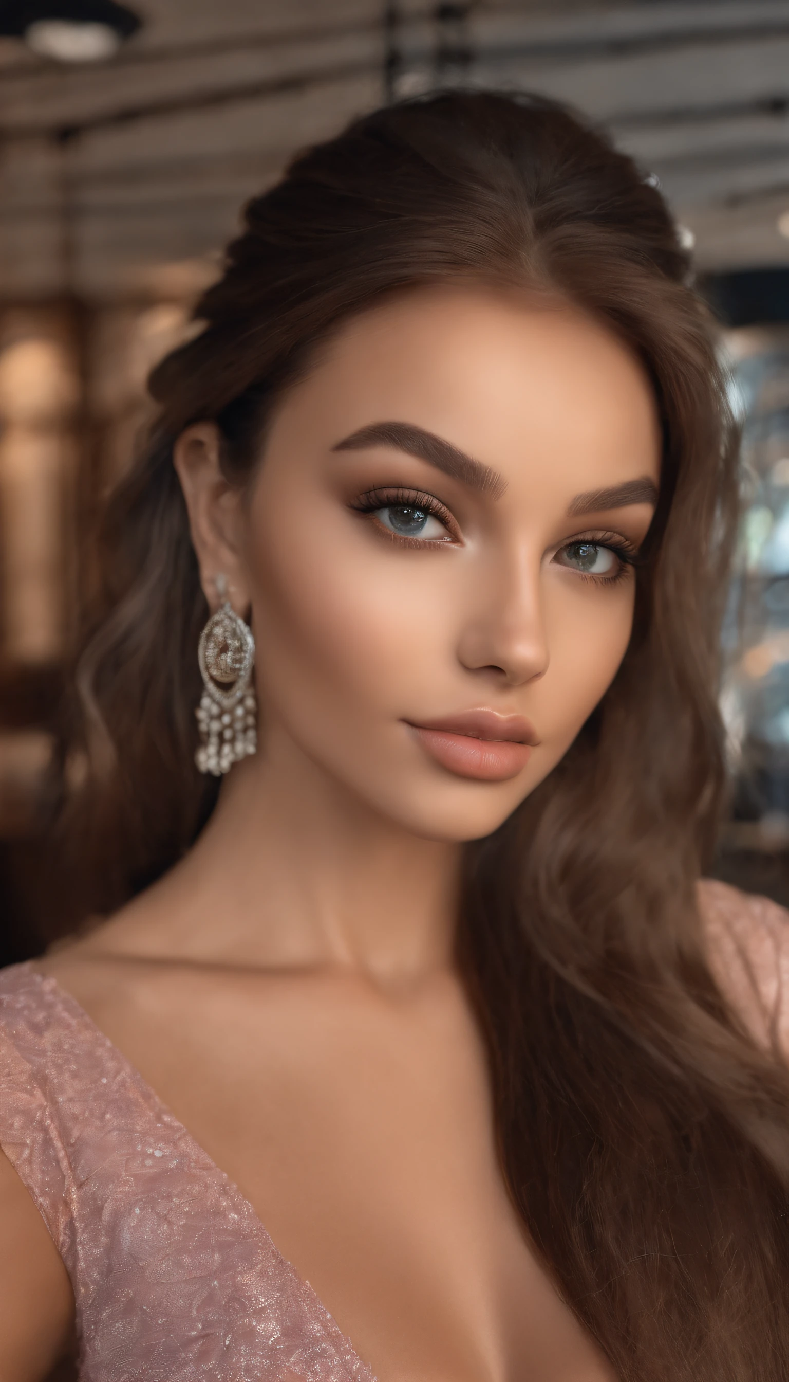 arafed woman fully , with brown eyes, ultra realistic, meticulously detailed, portrait sophie mudd, brown hair and large eyes, selfie of a young woman, dubai eyes, violet myers, without makeup, natural makeup, looking directly at the camera, face with artgram, subtle makeup, stunning full body in empty nightclub, medium to large size bust