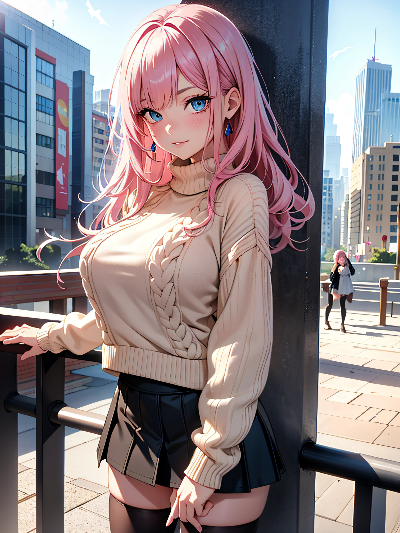 best quality, 1girl, masterpiece, best quality, 8k, detailed skin texture, ((beautiful detailed face)), intricate details, pink hair, parted bangs, (cowboy shot), detailed blue eyes, (happy face), 18 years old, neat girl, (low-cut V-opening sweater, black miniskirt), (huge breasts), cityscape