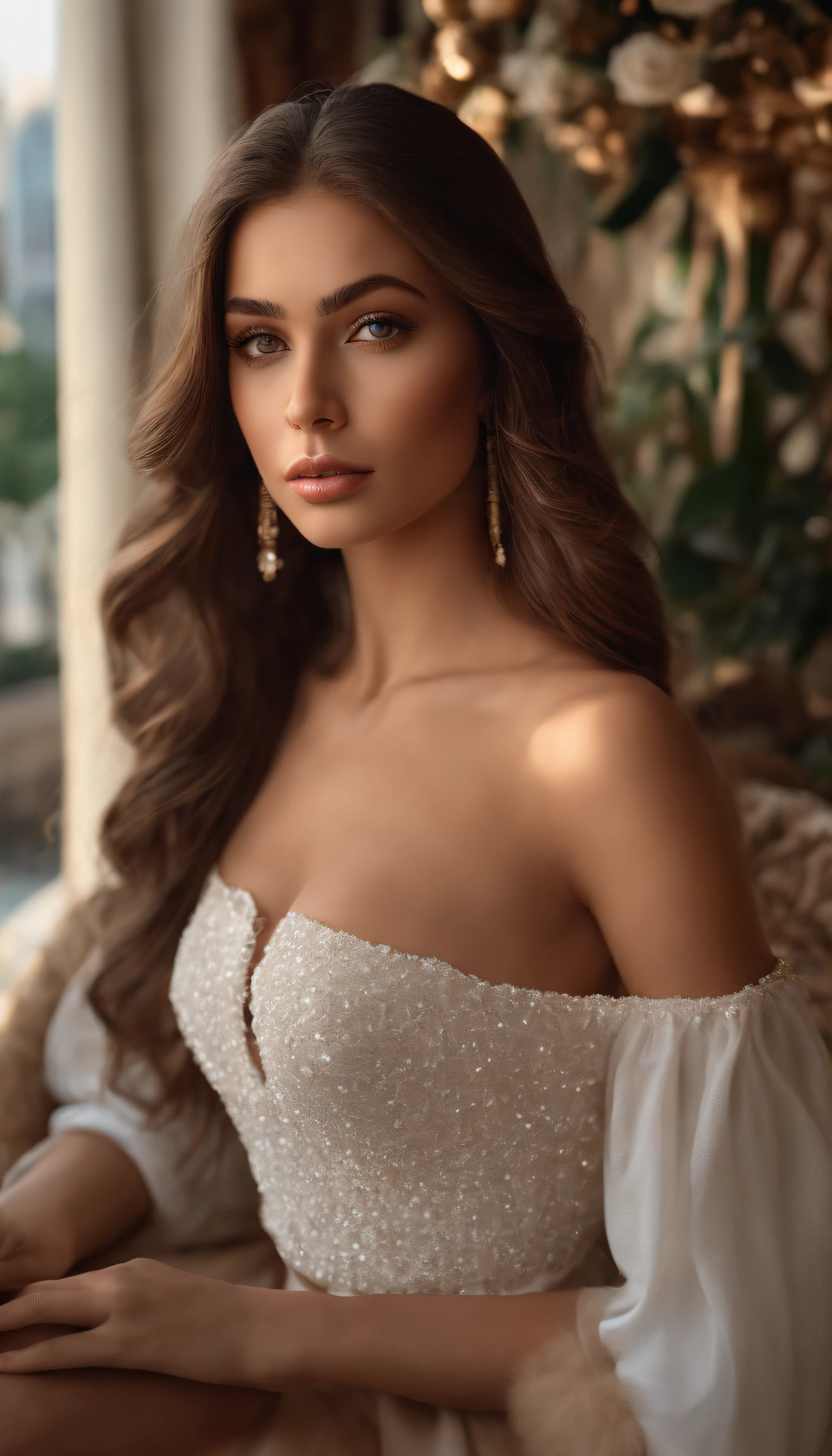 arafed woman fully , with brown eyes, ultra realistic, meticulously detailed, portrait sophie mudd, brown hair and large eyes, selfie of a young woman, dubai eyes, violet myers, without makeup, natural makeup, looking directly at the camera, face with artgram, subtle makeup, stunning full body in empty nightclub, medium to large size bust