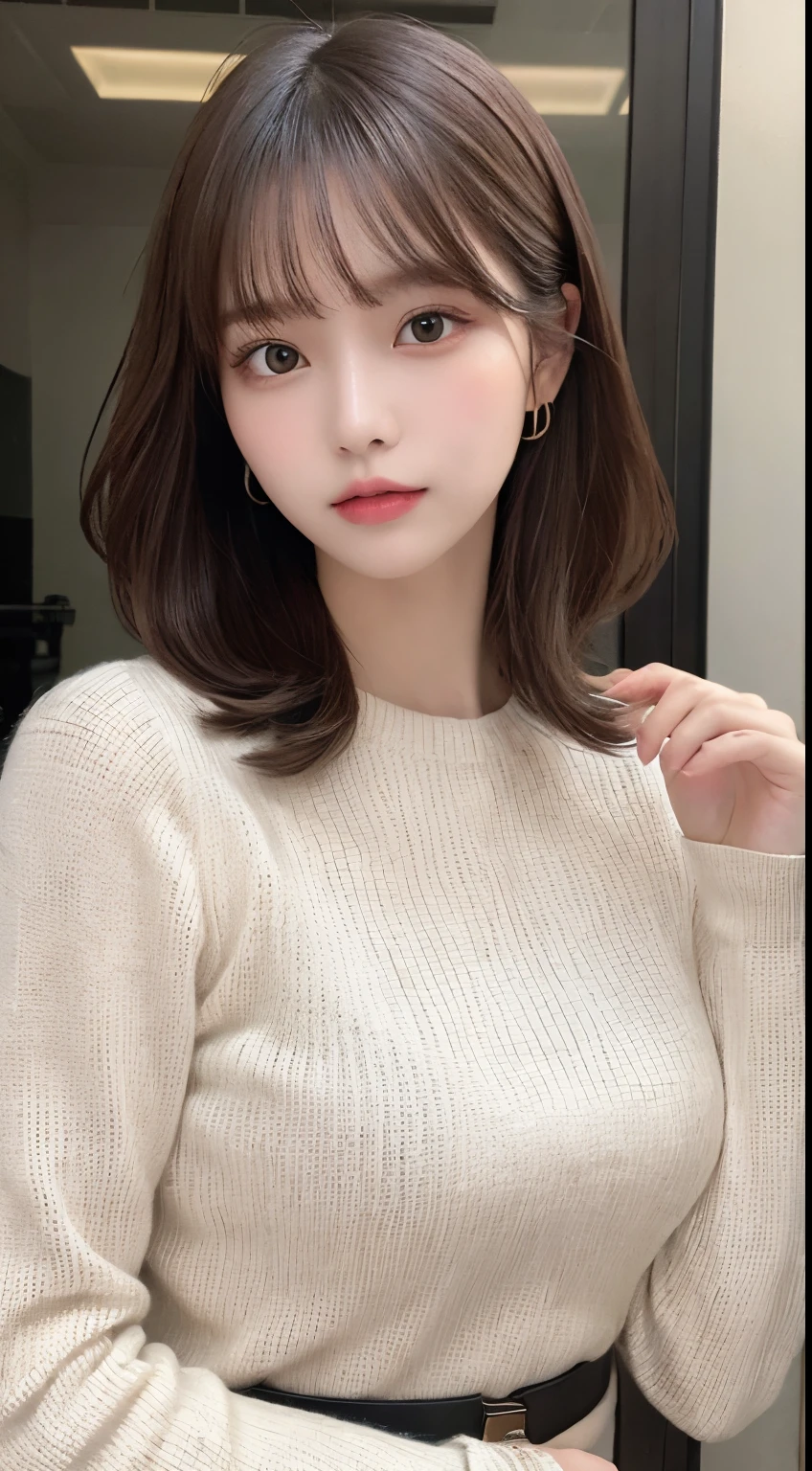 masutepiece, Best Quality, Illustration, Ultra-detailed, finely detail, hight resolution, 8K Wallpaper, Perfect dynamic composition, Beautiful detailed eyes, Long sleeve knit dress,Medium Hair, Natural Color Lip, Bold sexy poses、20 years girl、Cute,only face,Create a sexy look