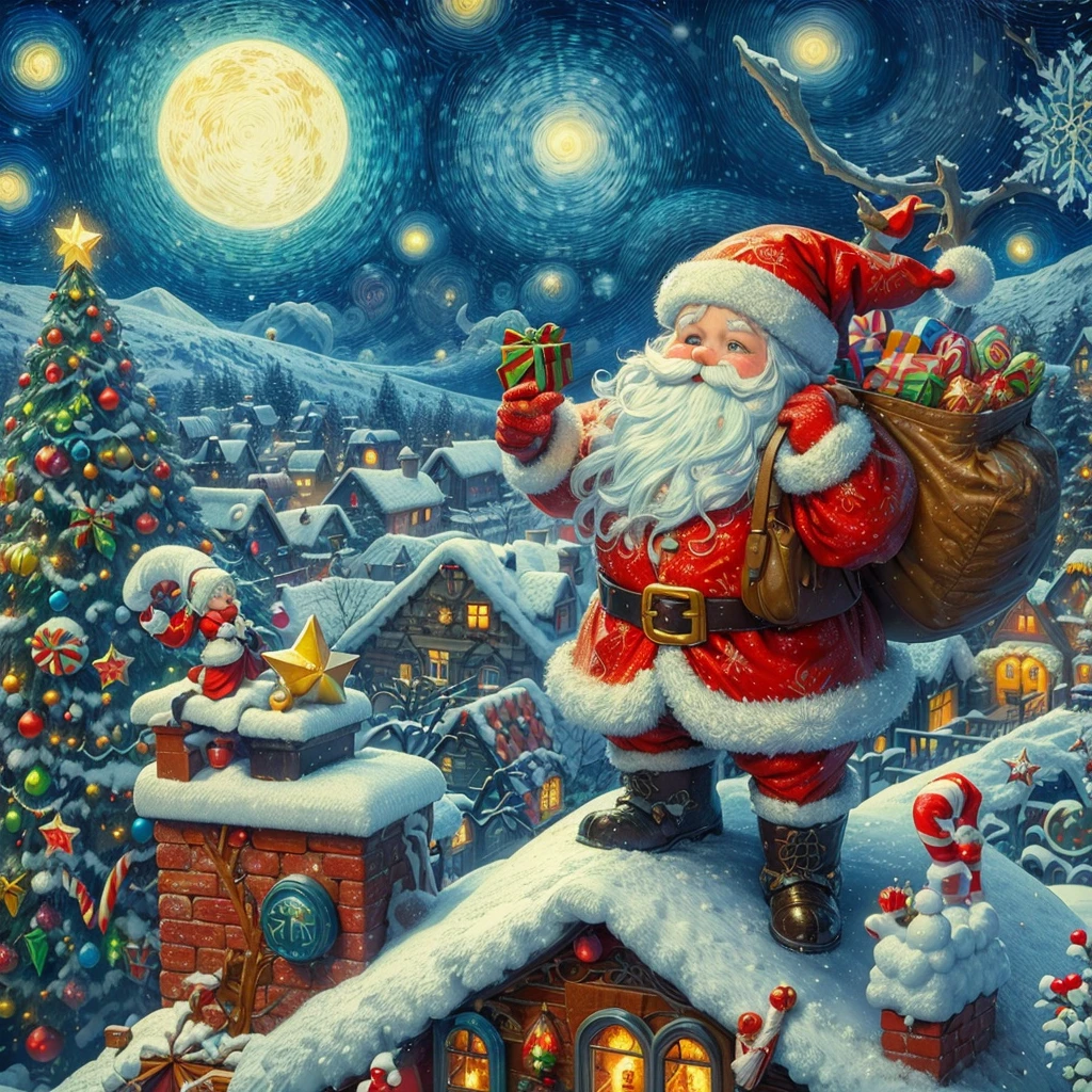 Best quality at best, 8K, A high resolution, tmasterpiece:1.2), ultra - detailed, (actual, realistically:1.37), Vibrant colors, magical ambiance, Whimsical, glittery，Fantasy Christmas World，(Christmas in the style of Van Gogh), themoon，(Snowy night in Christmas town)，(((Cute Santa Claus holding list and bag of gifts, Stand on the roof，Trying to climb into the chimney)))，((robin standing on head))，((Christmas tree，Confectionery，Cane sugar，Christmas gifts, Christmas snowman)), and decorations, Cute design style, natta，Skysky，moon full，Shown in this beautiful scene, Surreal, Psychedelic, Complicated details, Beautiful texture, Ethereal, like a dream, Soft glowing light, Charming Patterns, fantastical creature, Hidden surprises, dreamlike landscapes, Surreal color palette, Mystic aura, hyper realisitc, Enchanting journey, psychedelic trip, vivid imagination, immersive experience, mysterious creature, otherworldly charm, glowing paths, Light up a dreamy and wonderful Christmas, surreal sky, Whimsical Christmas elements, a magical encounter,Fascinating artwork