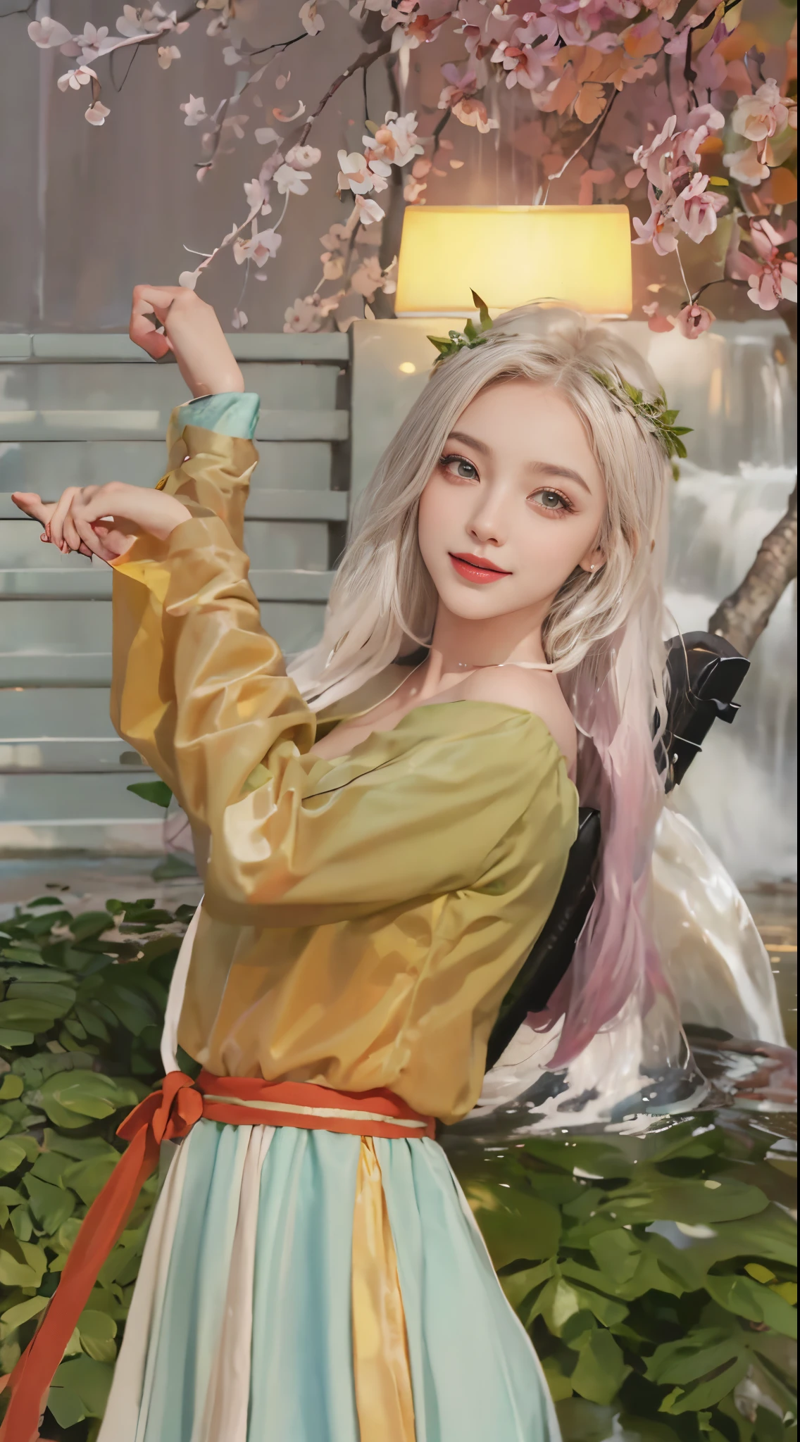 (best quality, masterpiece:1.2), ultra-detailed, (realistic:1.37), beautiful, youthful, glamorous model with (detailed eyes, detailed lips, extremely detailed eyes), Sweet girl clothes4,strapless dress,jewelry,sitting under a waterfall, sitting on a rock by the river, surrounded by rocks or a temple or a bridge, in a knee shot, with white and floral colors, showcasing a radiant smile, slender figure, long legs, creating a breathtaking depiction of a girl enjoying the water,  realistic waterfalls, wet clothes and hair, radiant sunlight, lush greenery, refreshing mist