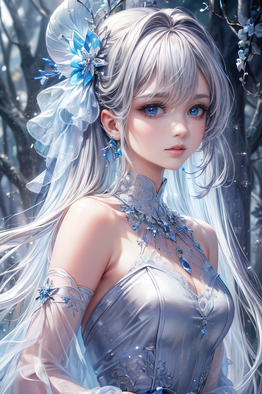 (best quality:1.4),(masterpiece:1.4),ultra-high resolution,8K,CG,exquisite,upper body,lonely,thumb girl,little princess,blue taffeta court dress,forest background,detailed facial features,silver-gray hair,almond-shaped eyes,elaborate eye makeup,long eyelashes,gray eyes with a starry gaze,complex lip details,soft and harmonious style