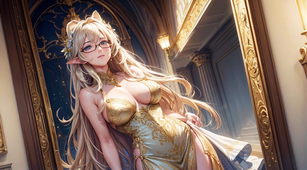 (masterpiece, best)), (1girl), (mature woman), Gold hair, open-chest seduction, flared,( Angel lady), bangs, medium breasts, glasses lady, (full), slim, smile, [wide hips], standing, 8K picture quality, sexy seduction, (open-chest) (Sharp focus: 1.5), (sharp focus:1.2), (beautiful face:1.1), (eye makeup:1.2), (tight body:1.2), (flowery dress:1.2) (heaven gates:1.2). (morning sun lighting:1.2), ((Masterpiece)), (highest quality))), (Character design sheet, national costume, same character, front, side, back), (simple background, white background: 1.3) ( Masterpiece:1.2), (Best Quality:1.3) (best quality:1.1) realistic:1.37 long, flowing:1.1 luscious, plump:1.1 sparkling sequins:1.1 subtle, White and Gold:0.9 soft, warm:1.1 best quality,4k,8k,highres,masterpiece:1.2, realistic,photorealistic,photo-realistic:1.37, ultra-detailed:1.1 busty animal ears, beautiful, detailed ears:1.1 best quality, 4k, highres, masterpiece:1.2 detailed, piercing eyes:1.1 4k, 8k, highres, masterpiece:1.2 very three-dimensional: 1.2 (8k, best quality, masterpiece:1.2 ((masterpiece, best))